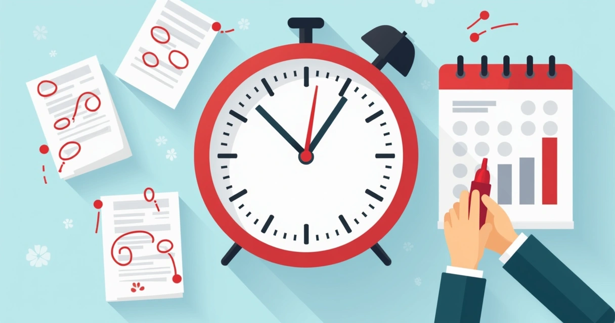 Relógio grande cercado de papéis de contrato e calendário marcando datas importantes 