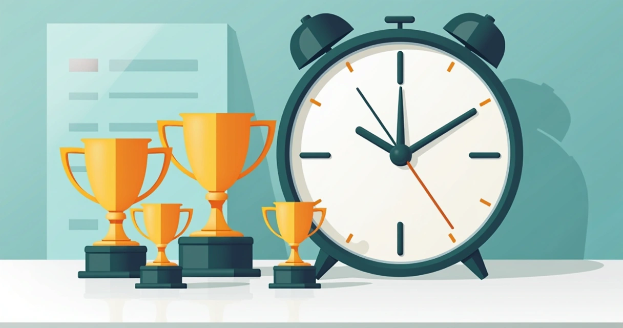Relógio ao lado de troféus simbolizando entrega urgente.