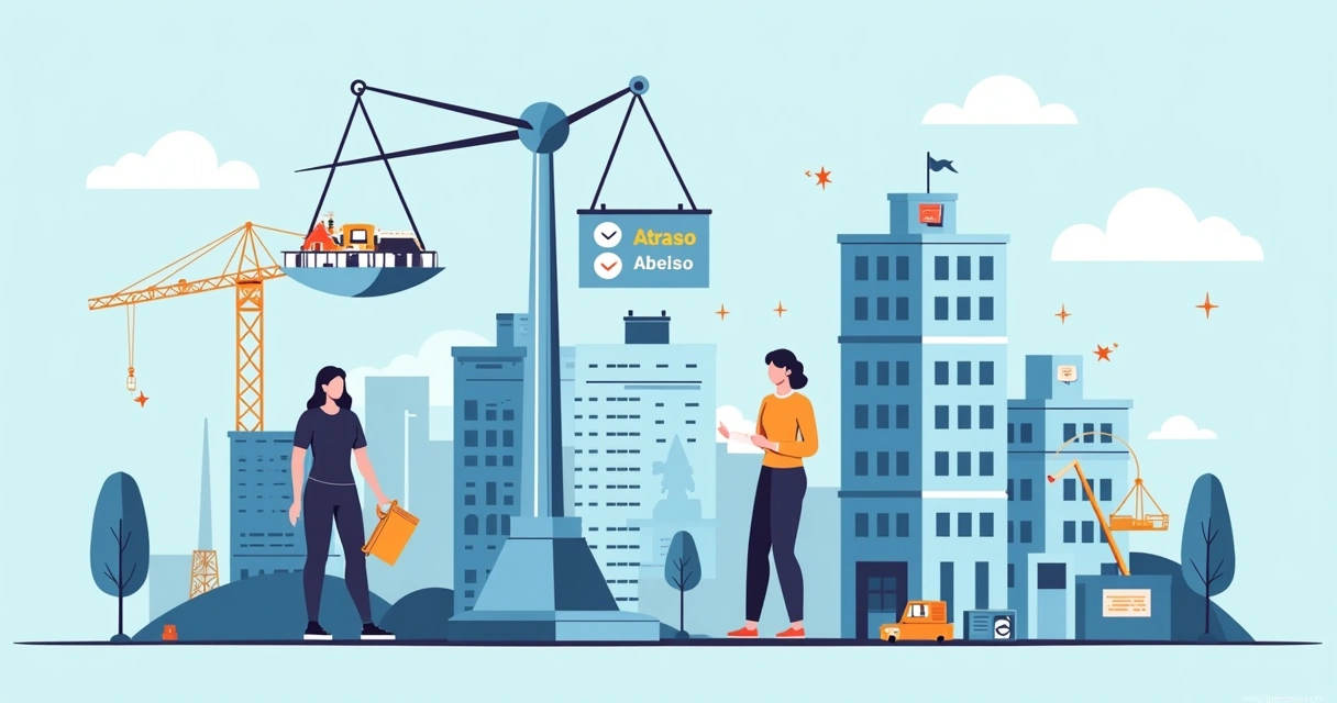 Ilustração de balança com Tolerância e Atraso em fundo de prédio inacabado e calendário, simbolizando prazos de obras.