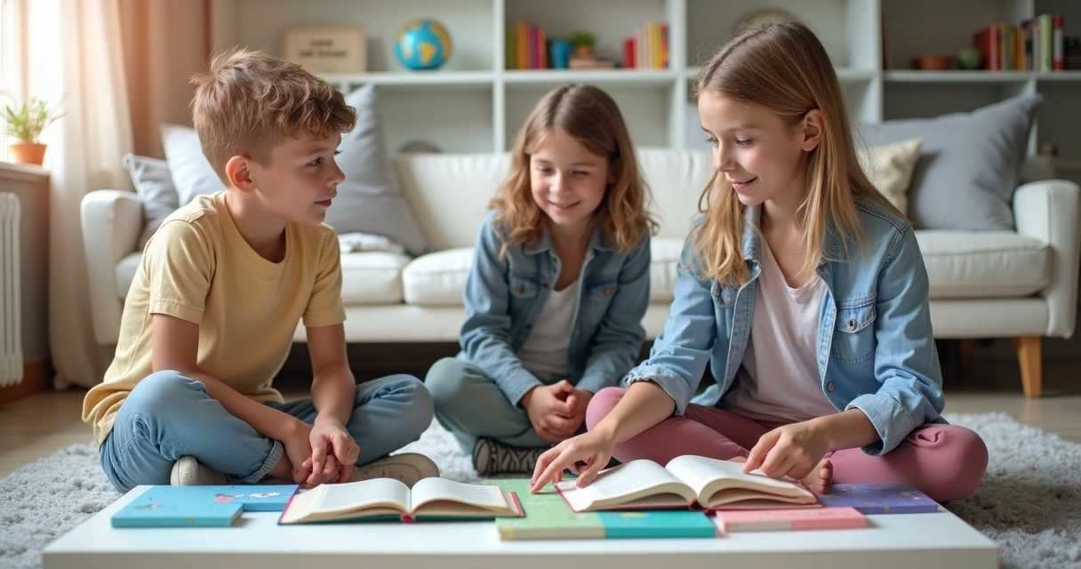 Dois pré-adolescentes sentados no chão de uma biblioteca doméstica olhando diferentes bíblias coloridas 