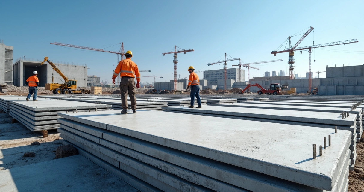 Construction site with pre-molded concrete slabs arranged and ready for installation 