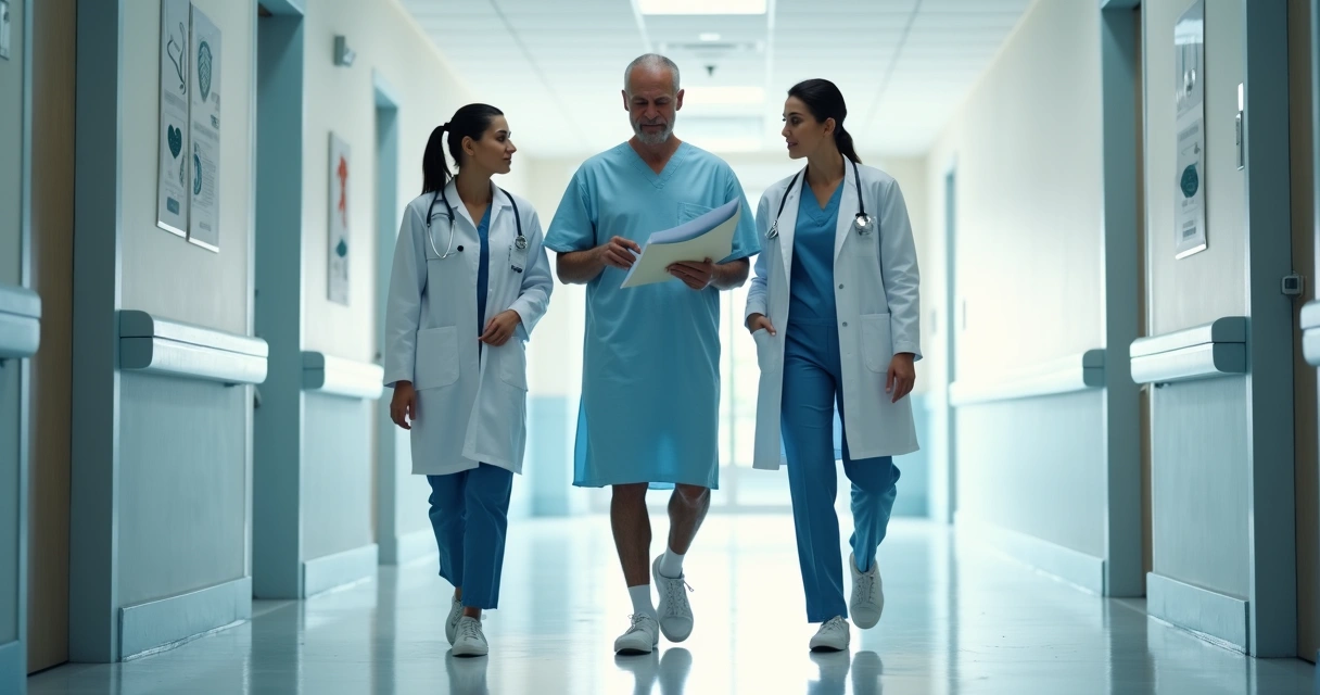 Paciente adulto caminhando em corredor de hospital em direção à cirurgia acompanhado por equipe médica 