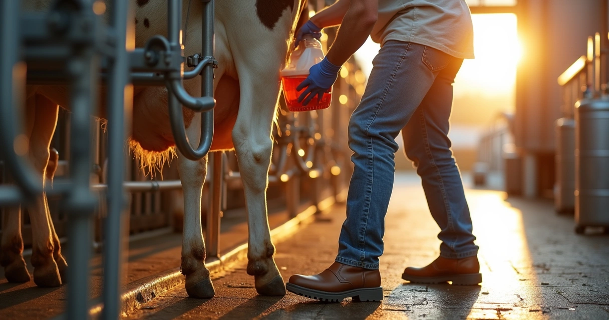 Produtor aplicando pré dipping e pós dipping em vaca leiteira em sala de ordenha limpa 