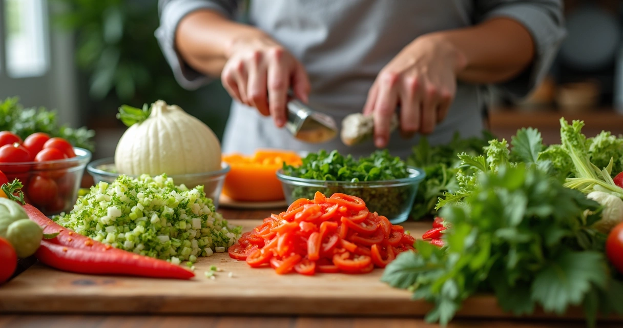 Ingredientes picados e separados em potes na bancada 