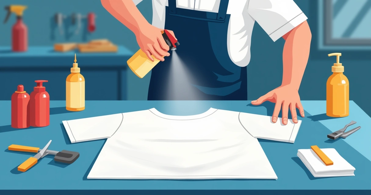Funcionário aplicando solução em camiseta branca antes da estampa 
