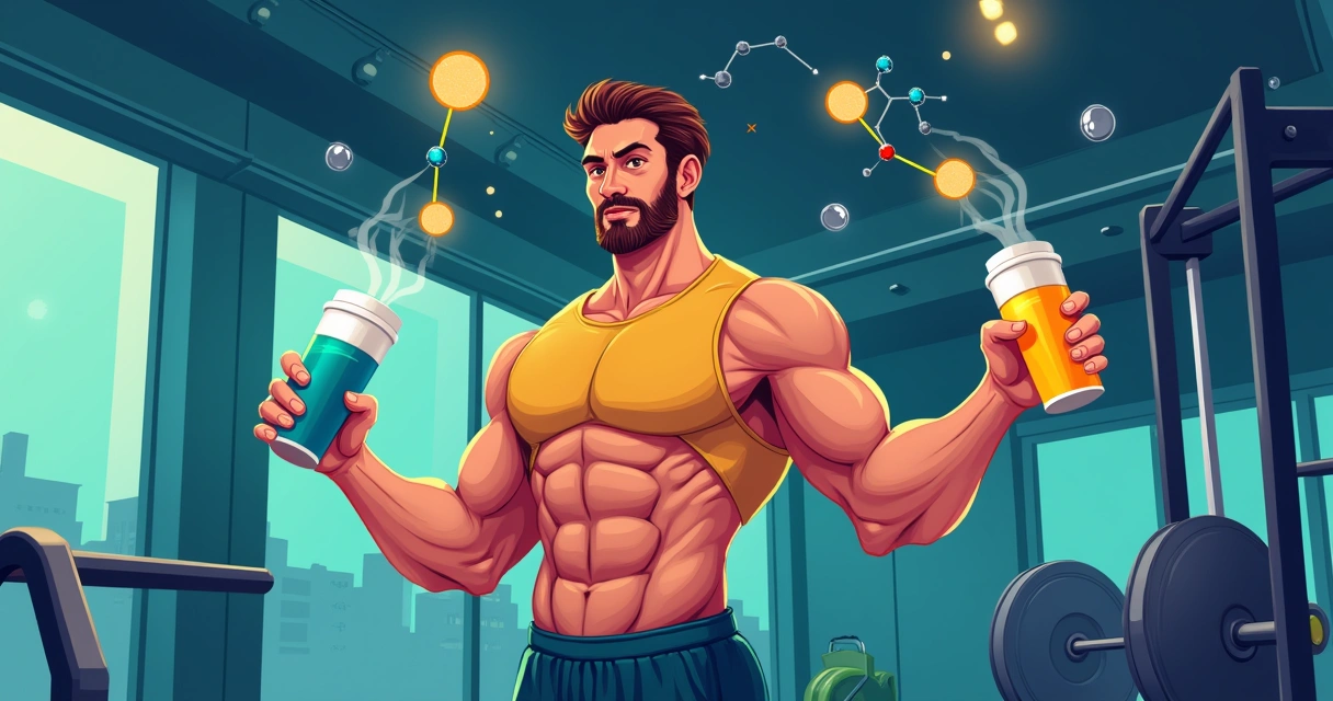 Um homem na academia segurando um copo de pré-treino, com ícones de energia ao redor.