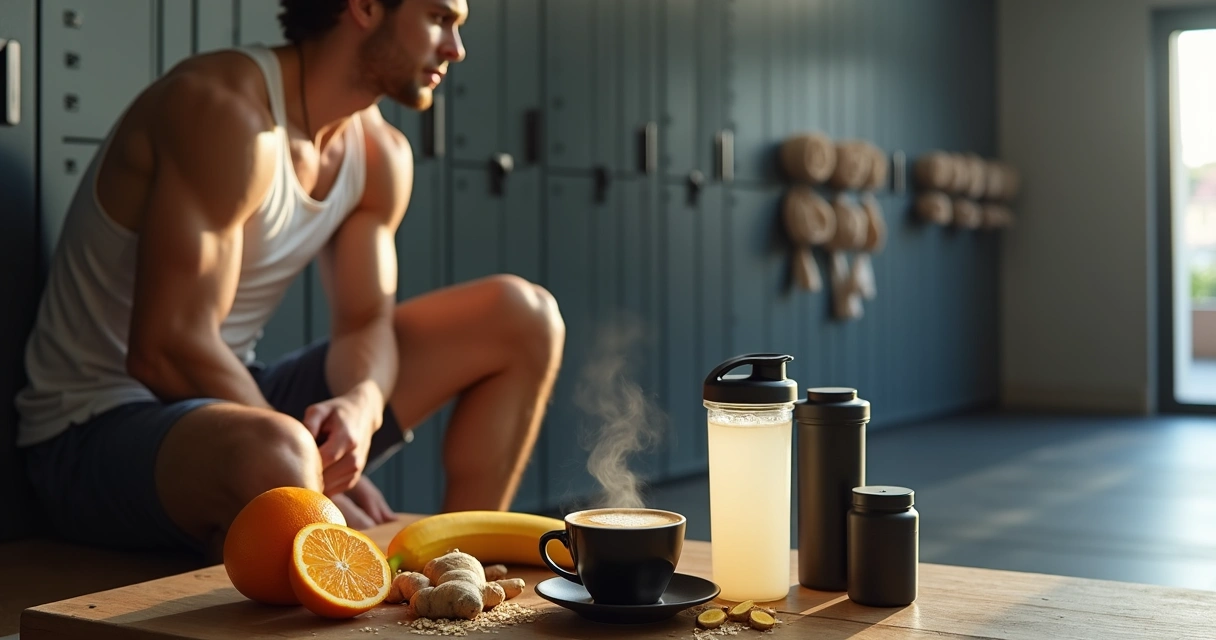 Jovem se preparando para treino cercado de alimentos e suplementos pré-treino 