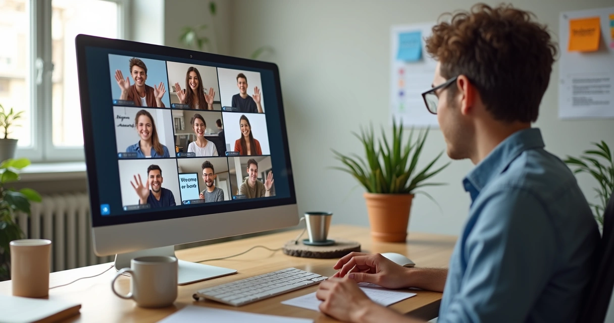 Novo colaborador em videoconferência recebendo boas-vindas do time 