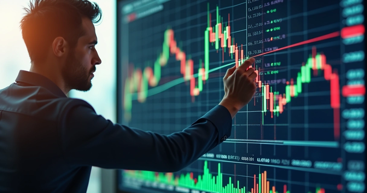 Pessoa analisa gráfico financeiro complexo em tela com fórmulas de precificação 