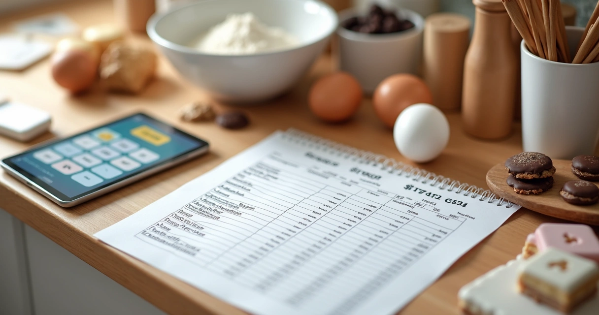 Itens de confeitaria, ingredientes e tabela de custos juntos na bancada 