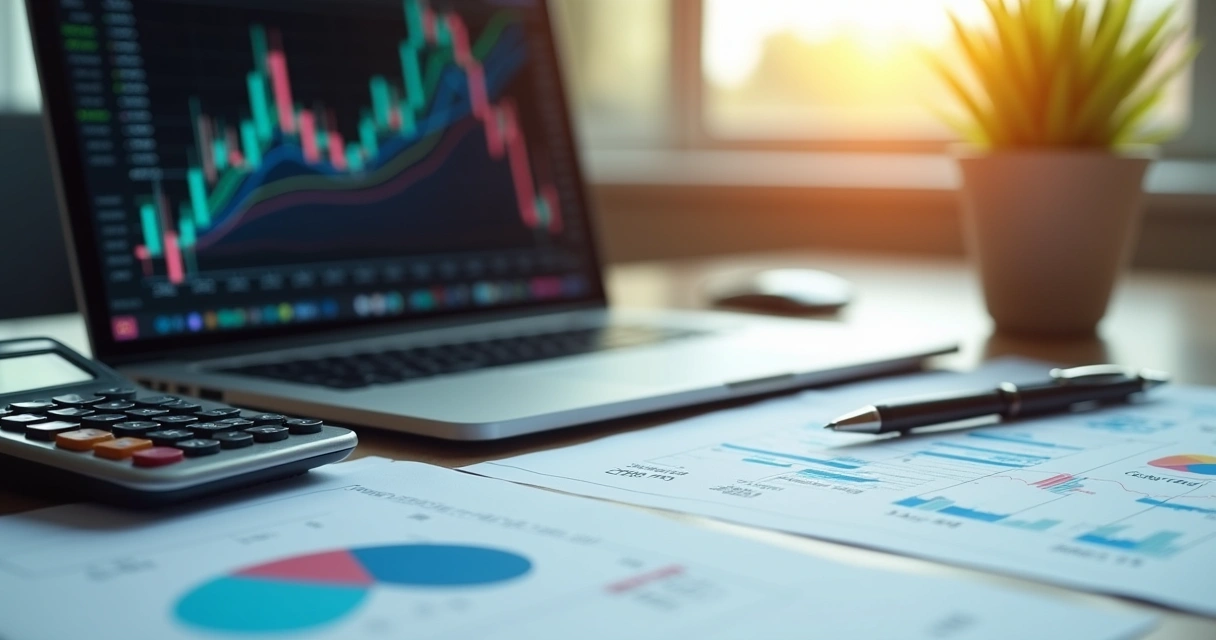 Mesa de escritório com calculadora, planilhas financeiras, laptop e caneta, representando cálculo preciso de custos e precificação em BPO financeiro 