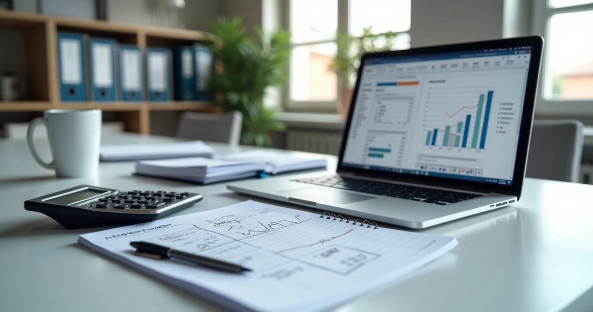 Mesa de escritório com calculadora, computador e planilhas de preços de serviços financeiros 