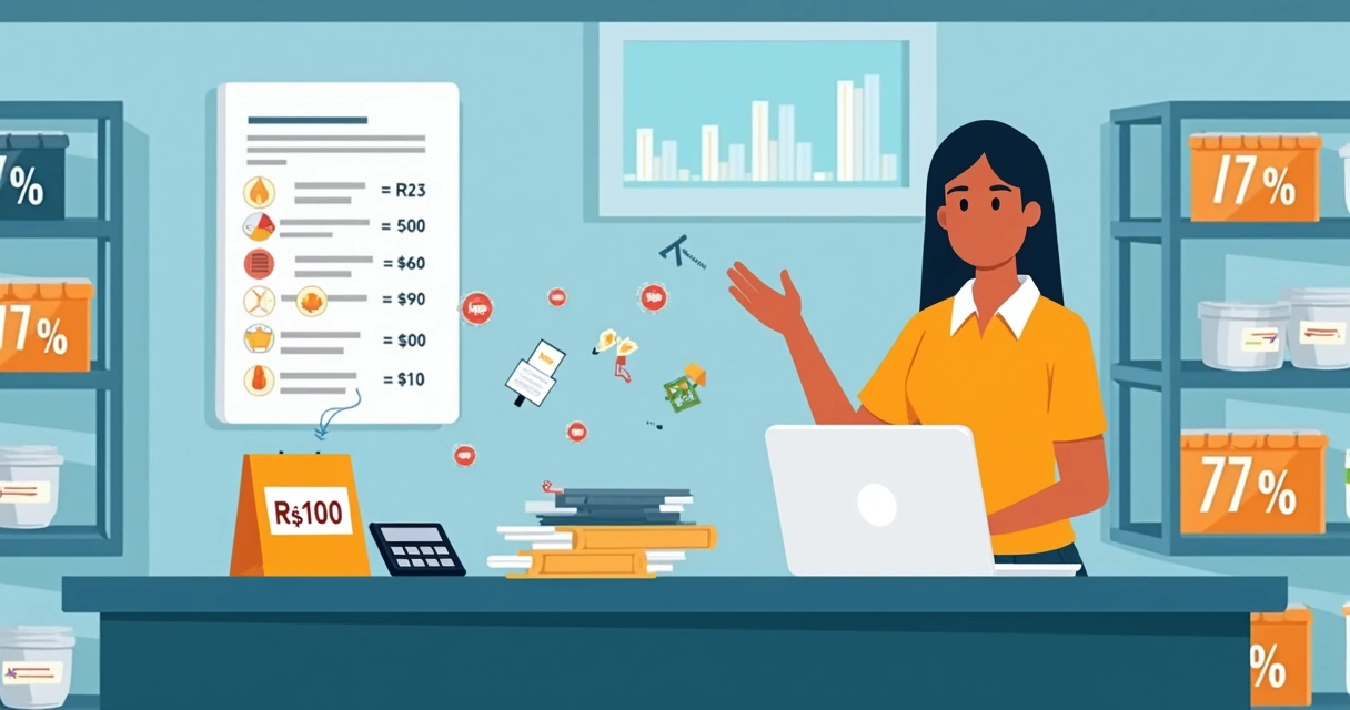 Ilustração de comerciante calculando preço de venda em loja de varejo 