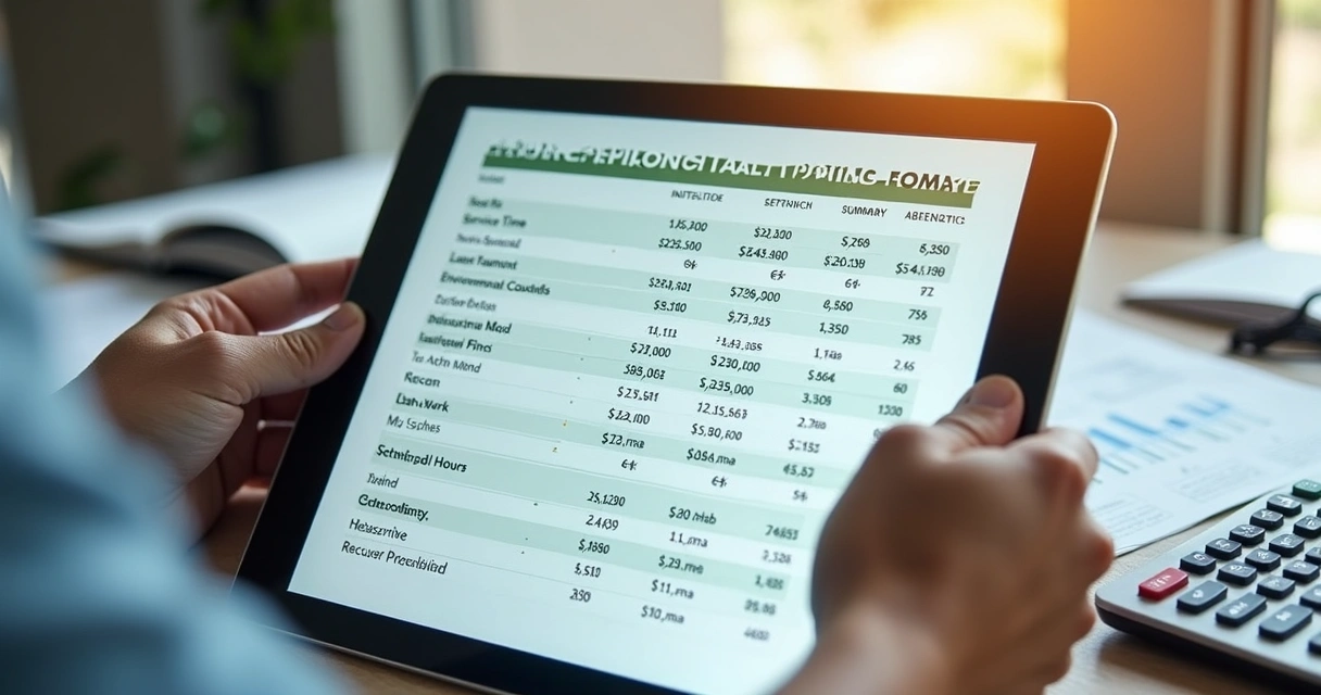 Planilha de precificação com gráficos verdes, calculadora no canto e mãos analisando custos 