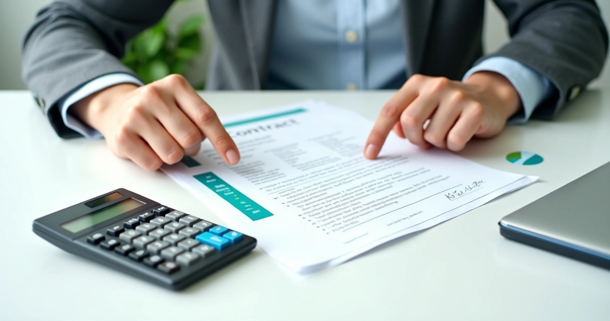 Planilhas e calculadora sobre a mesa com contrato de serviço contábil ao lado 