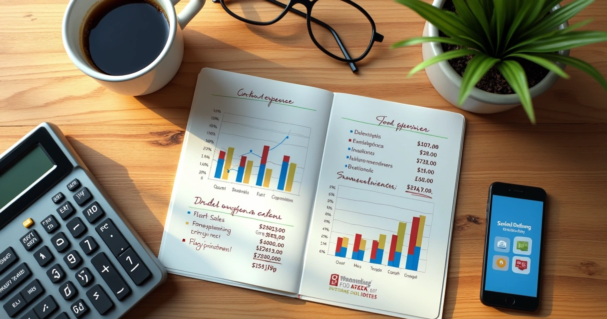 Mesa com calculadora, papel com anotações de custos e gráfico de vendas em tablet digital 