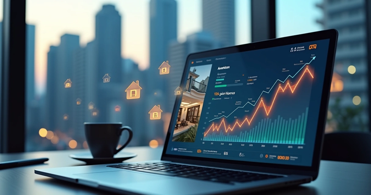 Tela com gráfico de preços de imóvel e ícones de inteligência artificial 