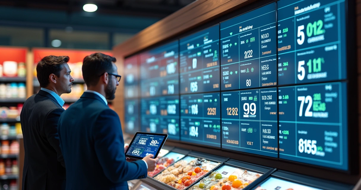 Painel de controle de preços em supermercado com IA ajustando valores em etiquetas digitais 