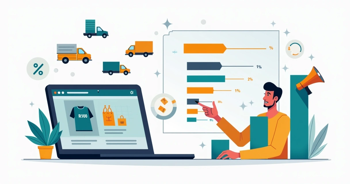 Ilustração de empresário analisando margem real de produtos em e-commerce com taxas e frete 