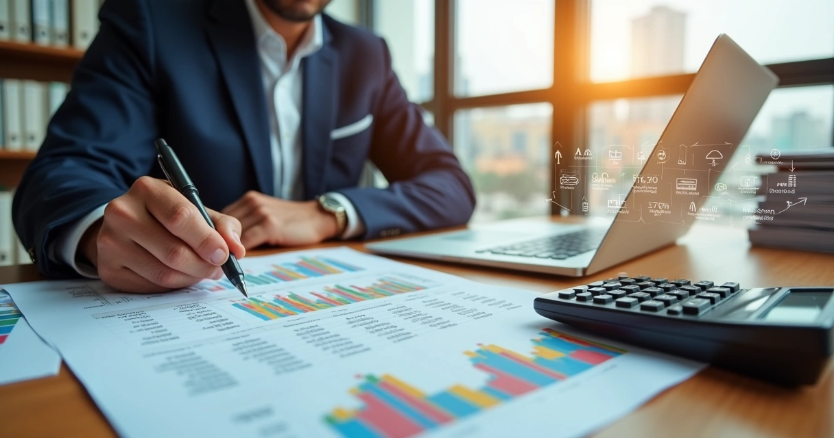 Empresário calculando precificação com calculadora e gráficos financeiros na mesa 