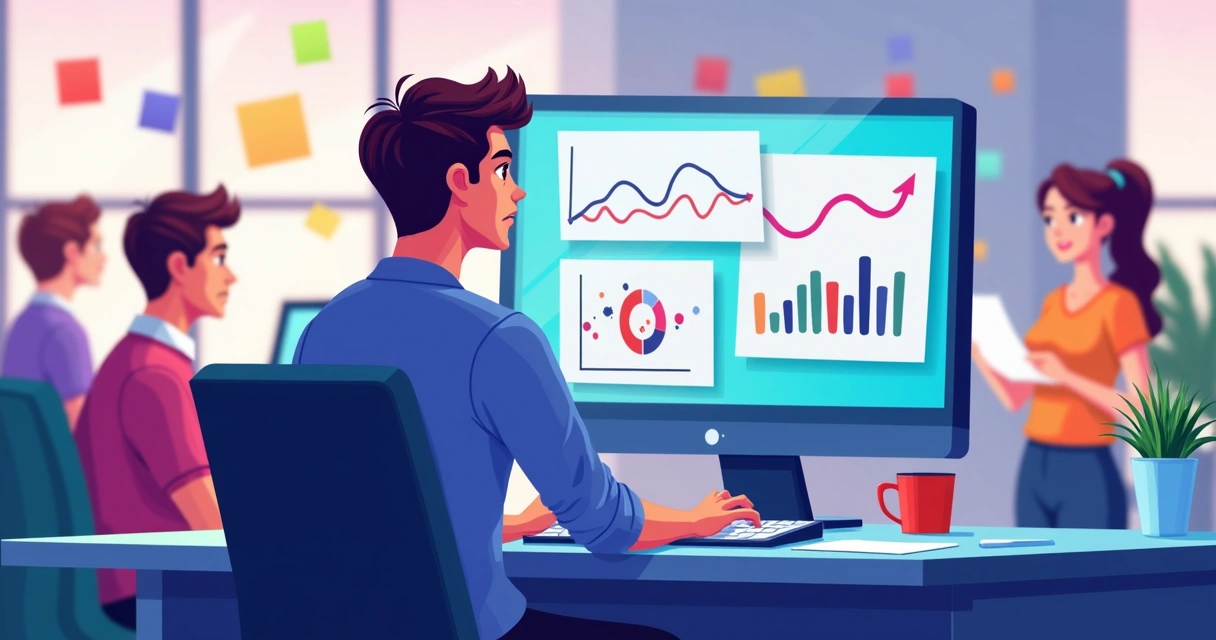 Gestor de agência confuso analisando gráficos financeiros 