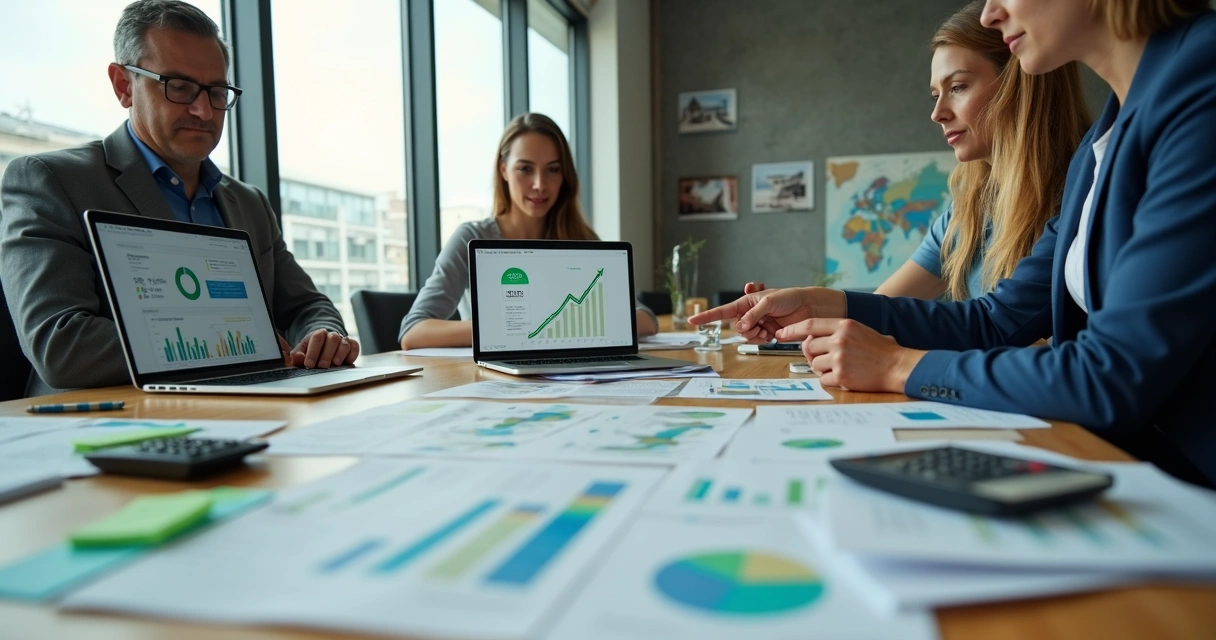 Gráfico de lucro em alta ao lado de consultores analisando finanças de agência de viagens 