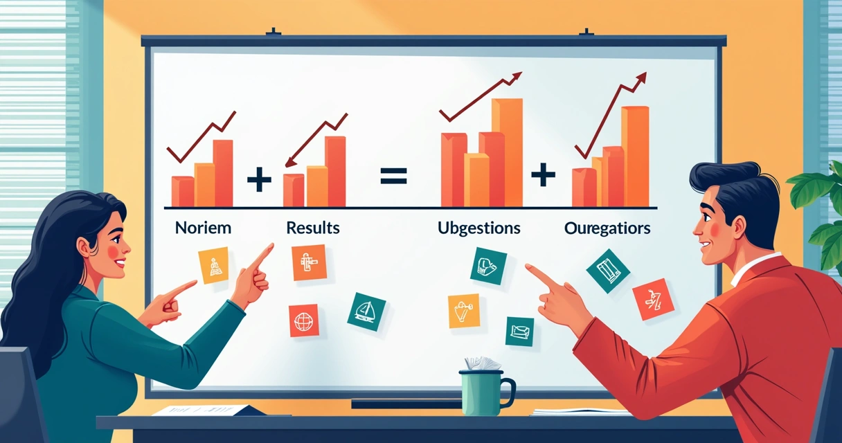 Ilustração de um quadro branco com fórmulas de precificação, gráficos e post-its coloridos