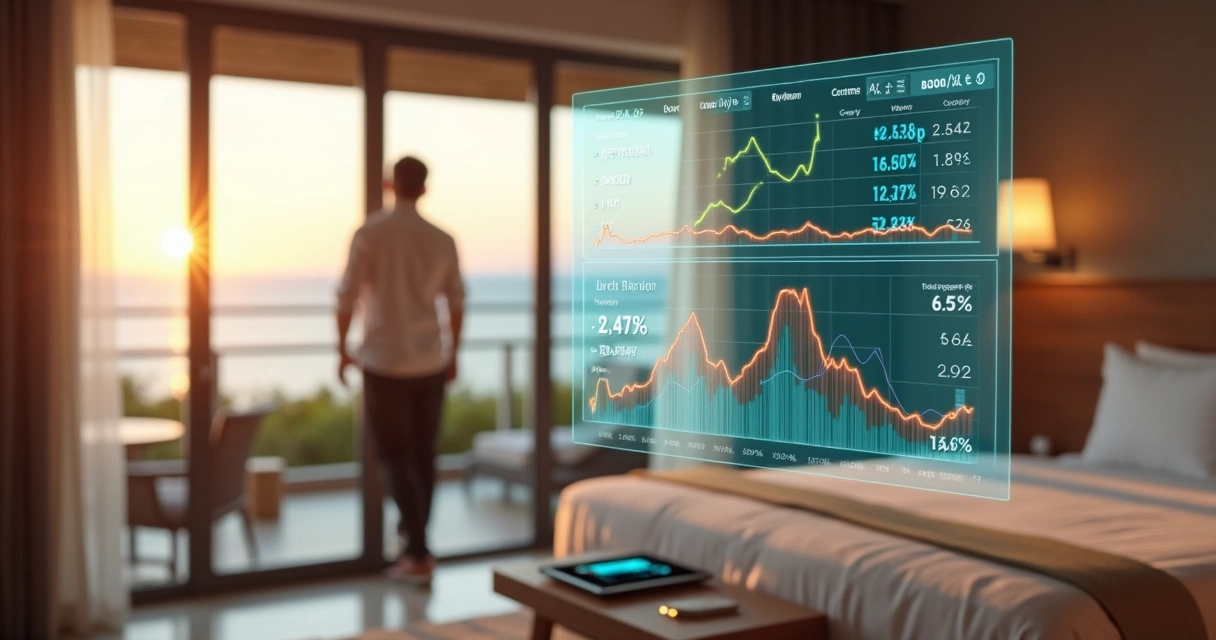 Gerente ajustando preço de quarto de hotel em painel digital com vista para a praia 