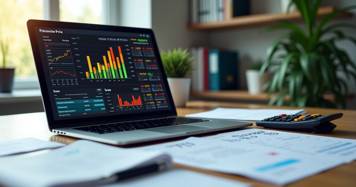 Calculadora e gráficos financeiros sobre mesa com notas fiscais e laptop mostrando dados de vendas em marketplace 