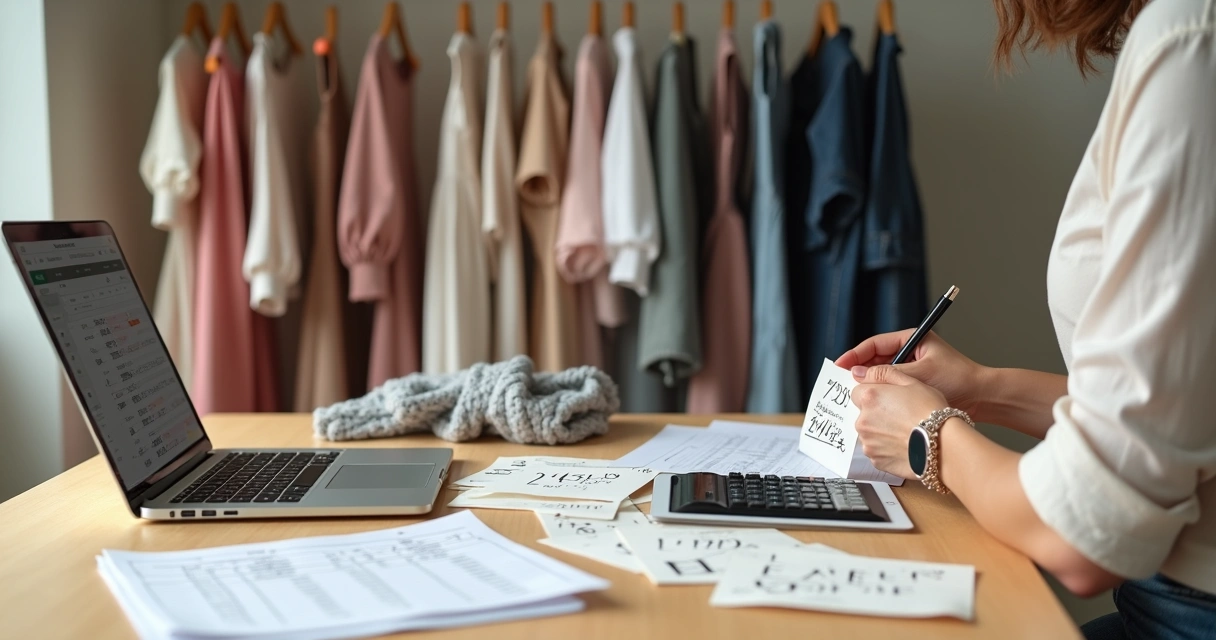 Gestora de ecommerce de moda calculando preço de peças de roupa em mesa com notebook e etiquetas 