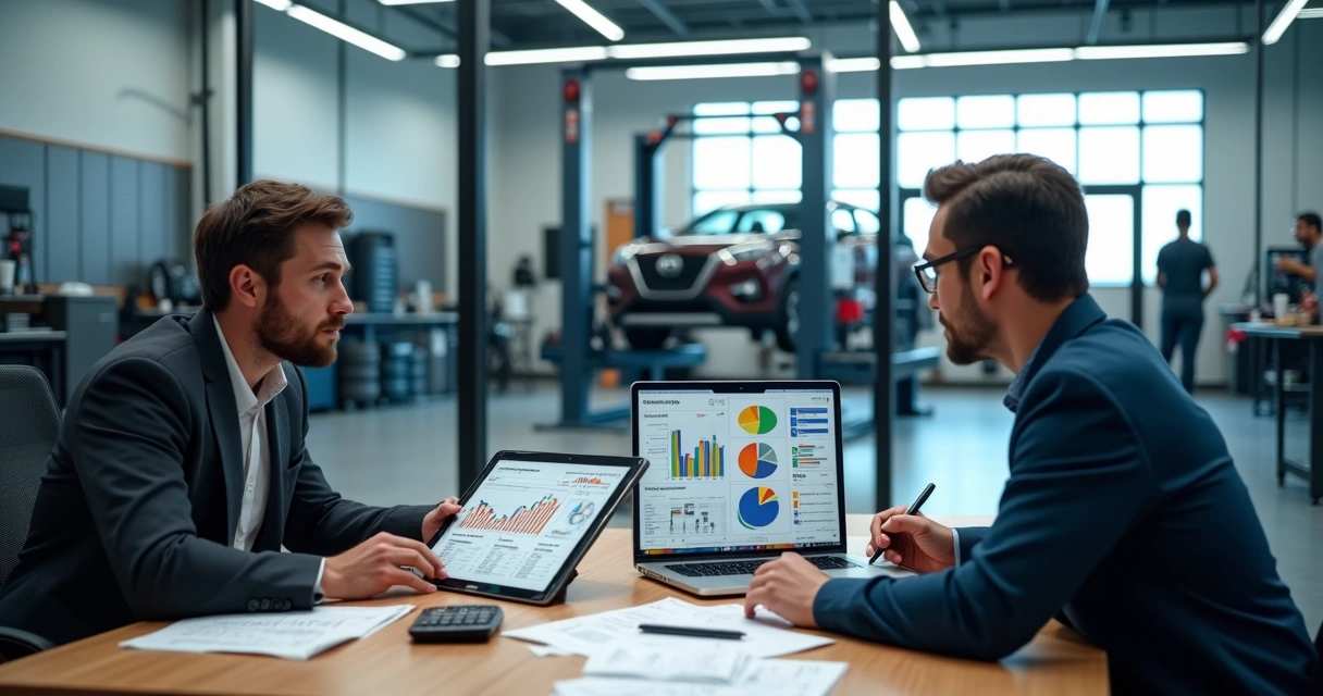 Consultor e dono de oficina analisando precificação em tablet ao lado de carro no elevador 