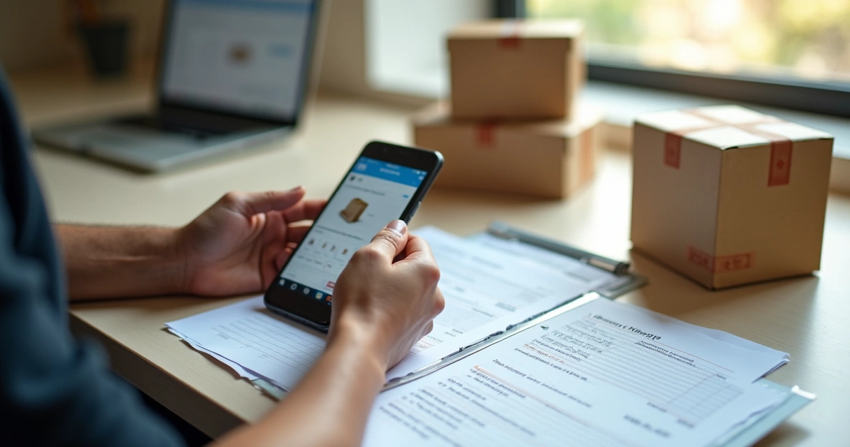 Pessoa calculando custos para vendas em marketplace com planilha e produtos ao lado 