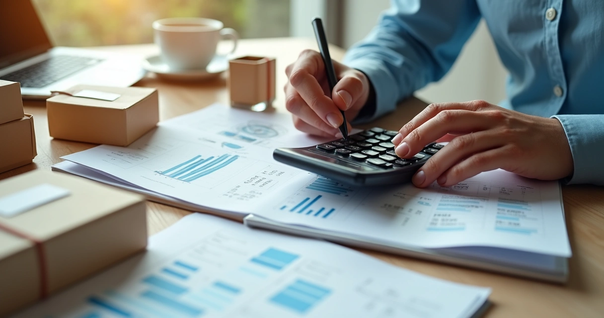 Pessoa fazendo cálculos de precificação com calculadora e bloco de notas