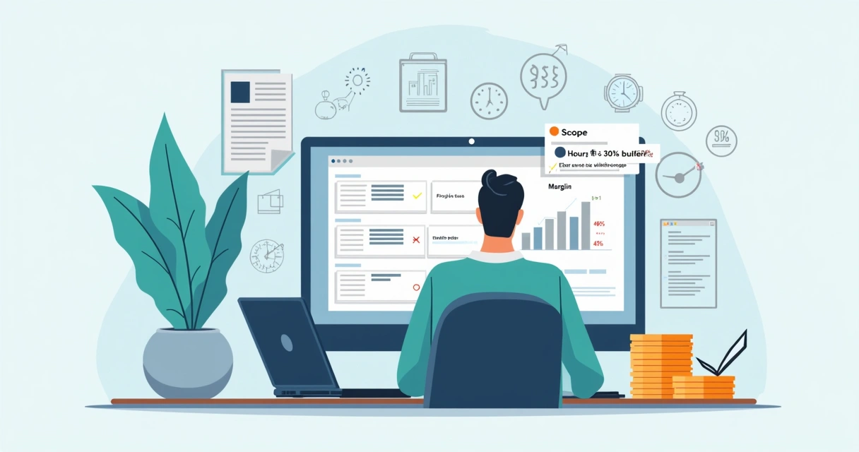 Ilustração de empresário analisando escopo de projeto e calculando preço em tela de computador 