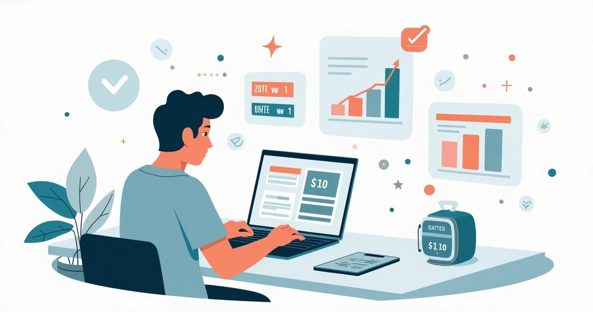 Ilustração de profissional calculando preço de projeto de landing page com gráficos e telas ao fundo 