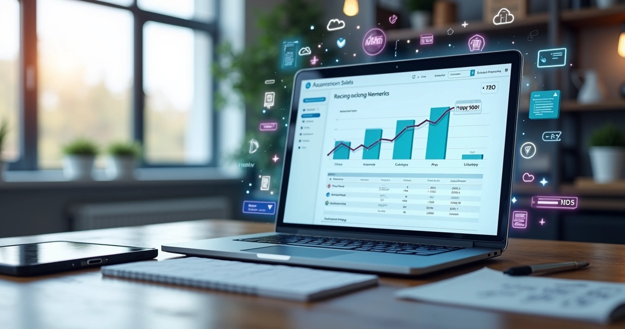 Dashboard com gráfico de receita recorrente em tela de notebook ao lado de ícones de nuvem e dinheiro 