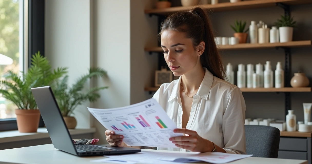 Profissional de beleza calculando valores em frente ao computador 