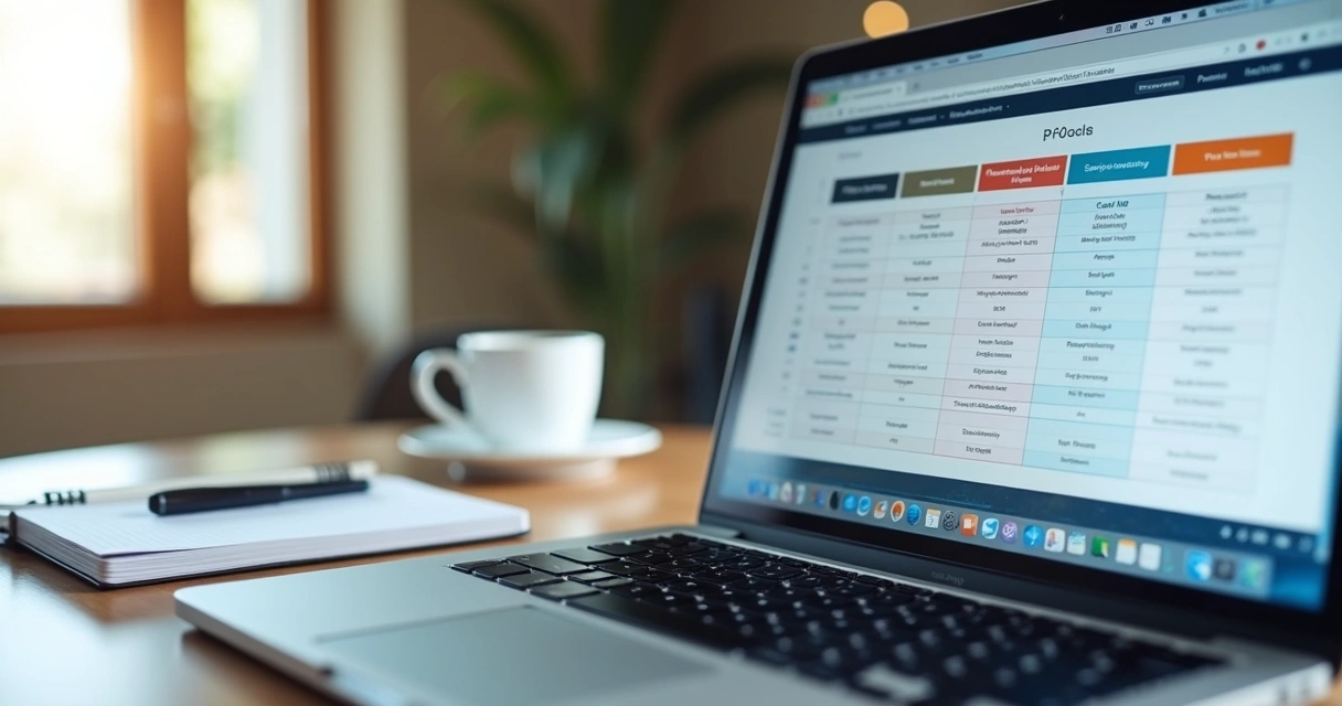 Planilha de precificação de serviços em tela de notebook com caneta e bloco de notas ao lado