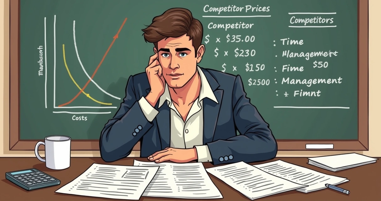 Profissional em um escritório analisando custos e concorrentes para precificação de serviços.
