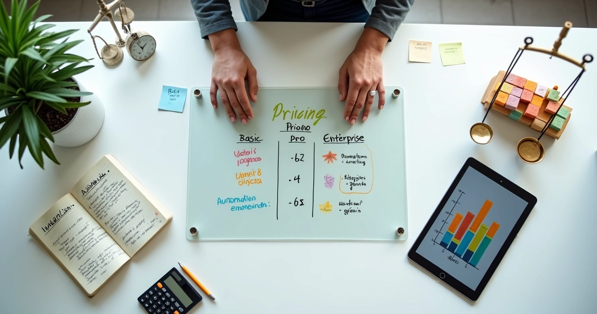 Mesa com elementos criativos e financeiros representando precificação de blog automatizado para agências 