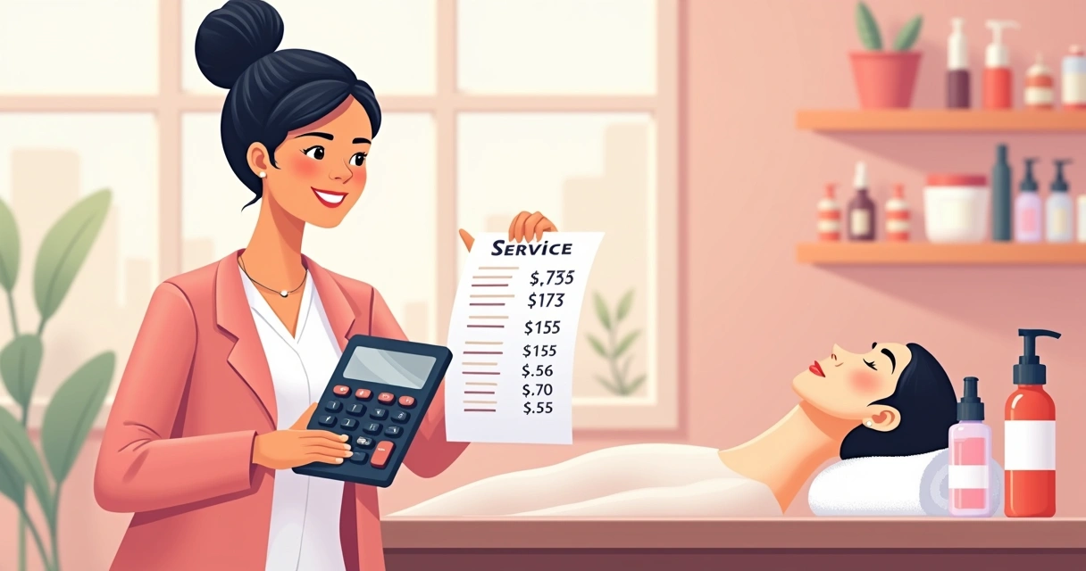 Esteticista segurando calculadora e mostrando lista de preços organizada em papel 