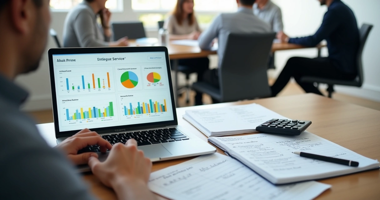 Empresário analisando precificação de serviços em gráficos e planilhas 