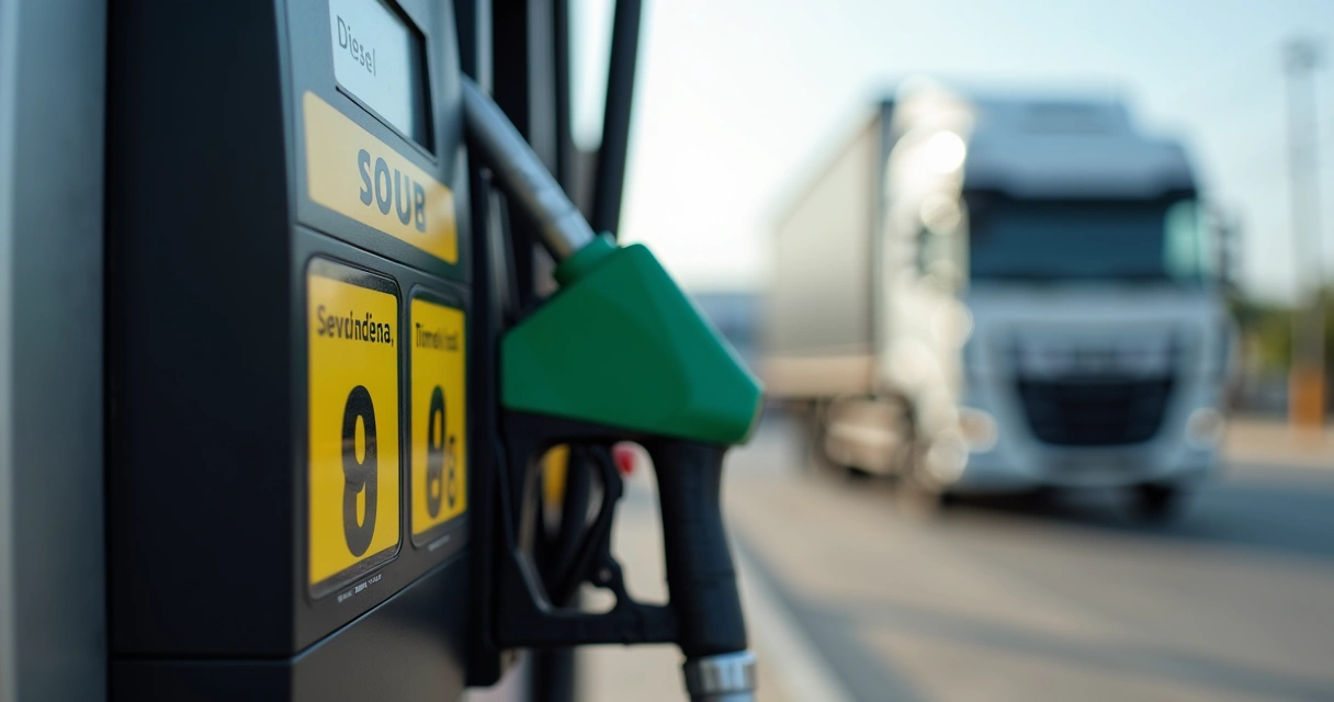 Bomba de diesel com painel de preços em posto 