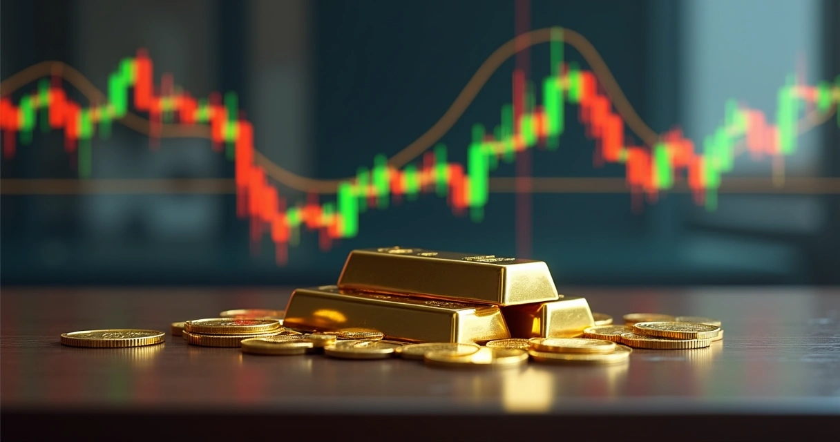 Barras de ouro ao lado de gráfico financeiro com preço oscilando 