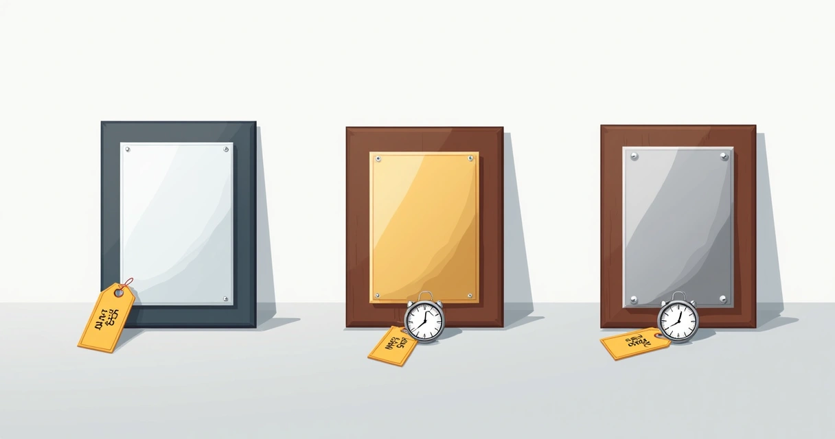 Três placas de homenagem em diferentes materiais ao lado de etiquetas de preço e relógio representando prazos 