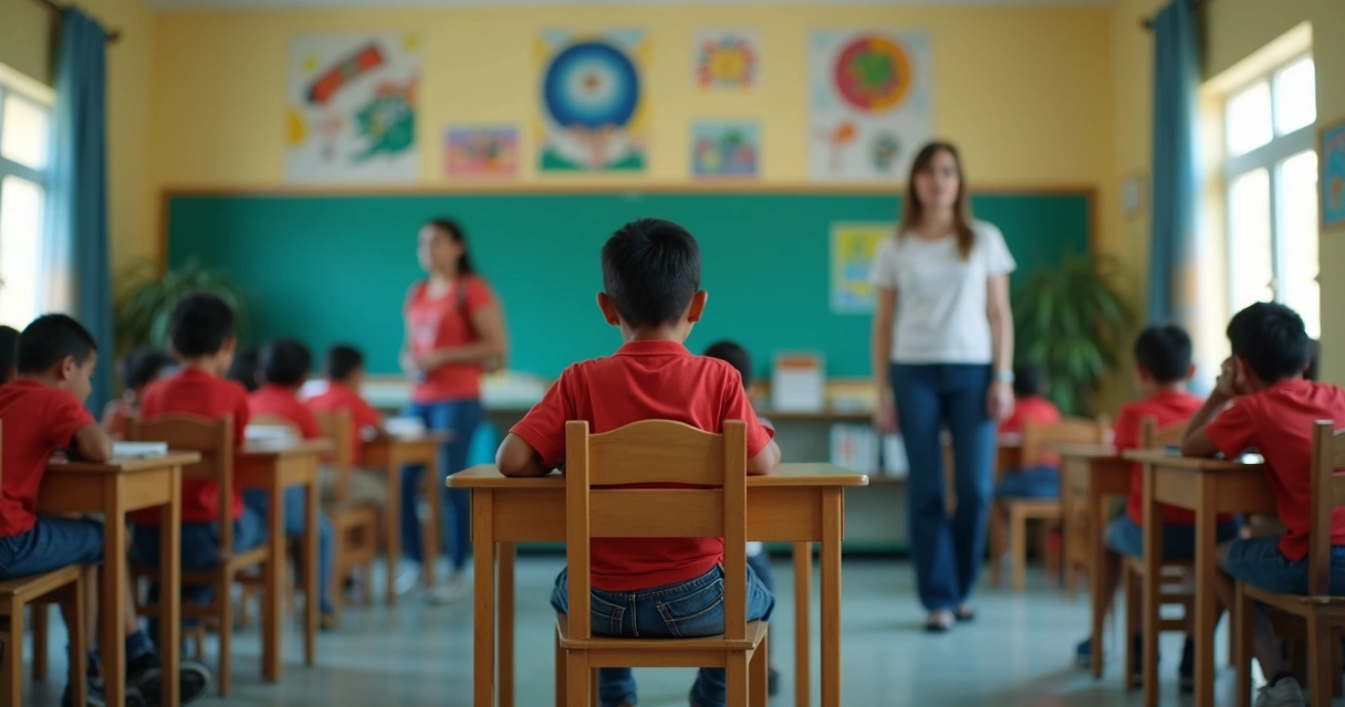 Aluno isolado na escola durante atividade em grupo 