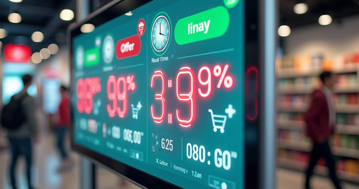 Ofertas dinâmicas em painel digital com destaque para preços promocionais 