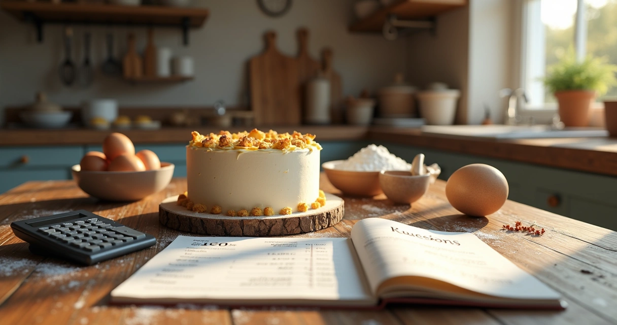 Mesa com bolo decorado, calculadora, caderno aberto com anotações de preços e ingredientes ao redor 