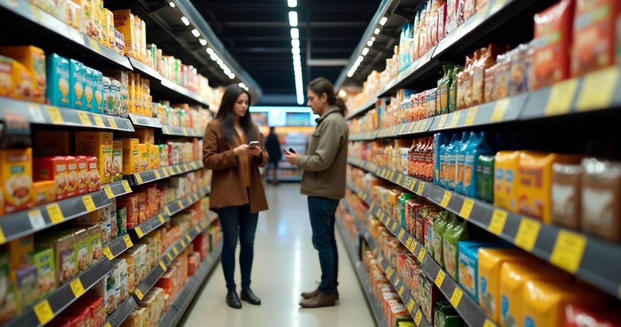 Prateleiras de supermercado com etiquetas de preços em destaque 