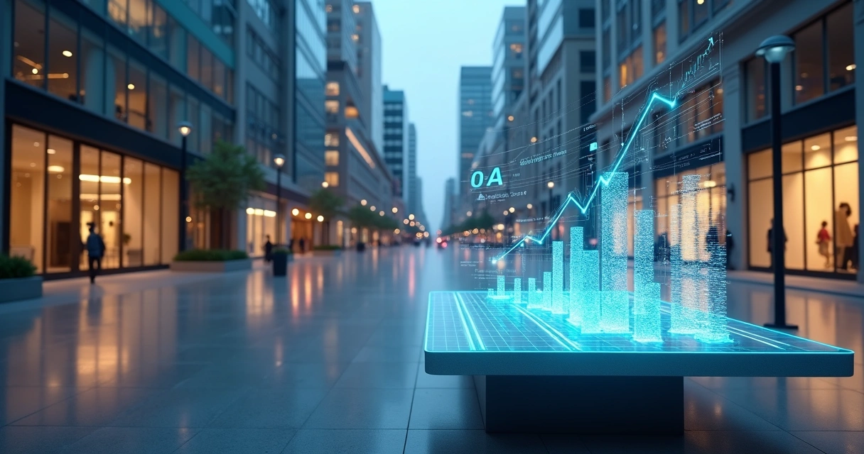 Gráfico projetando valor futuro de aluguel comercial sobre fachada de prédios de escritórios 